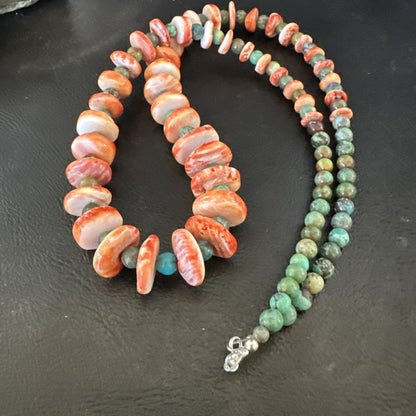 Red Spiny Oyster Green Turquoise 23” Long Navajo Sterling Silver Necklace 17762