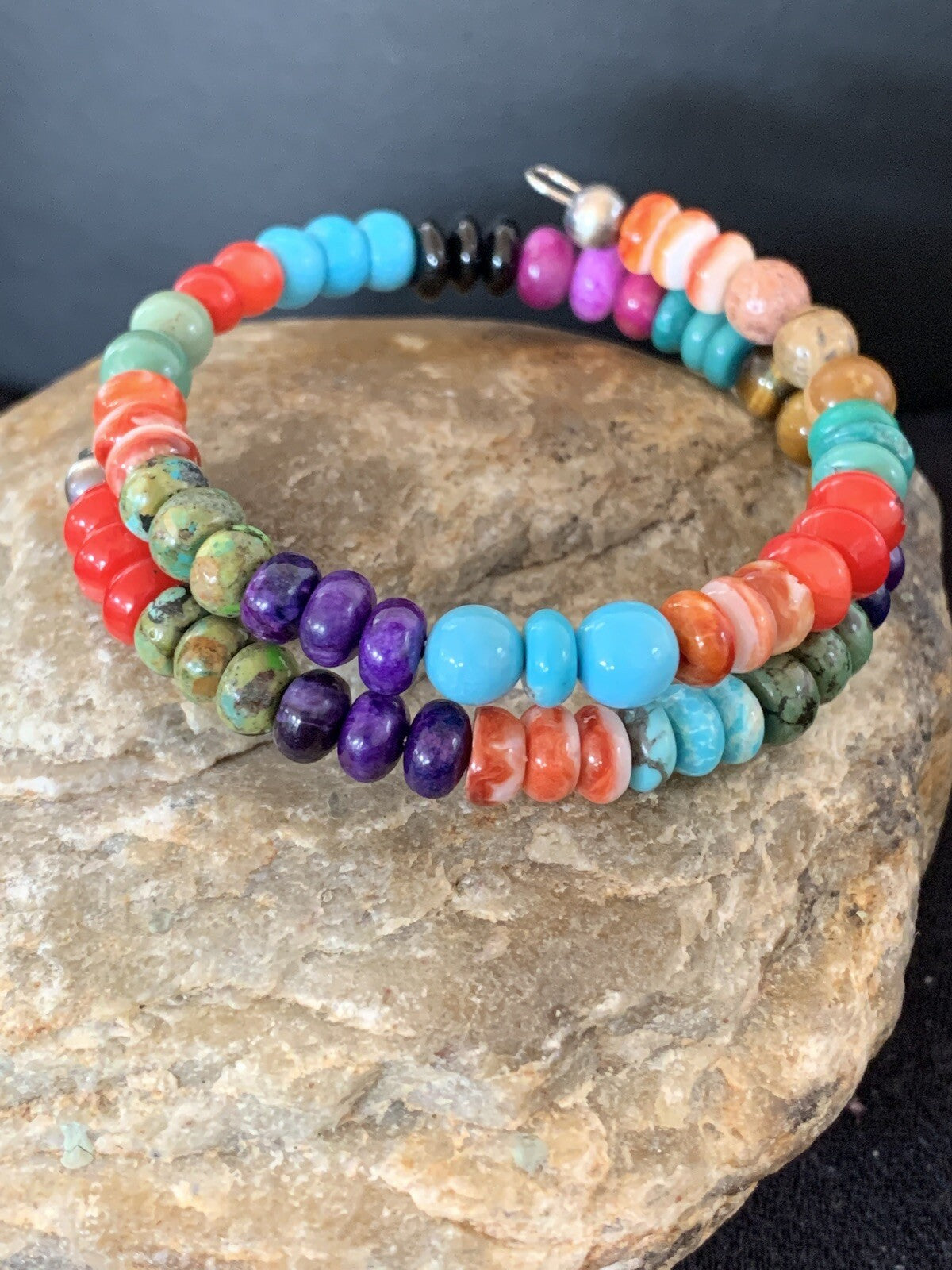 Turquoise Coral Tigers Eye Onyx Navajo Stainless Memory Wire Bracelet 00515