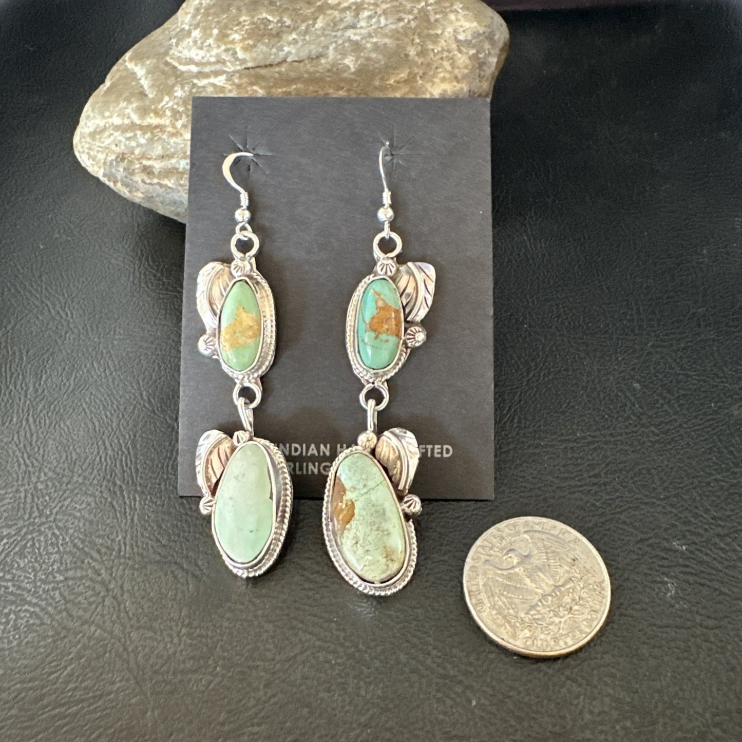 Green Royston Turquoise Navajo Sterling Silver Dangle Earrings 19603