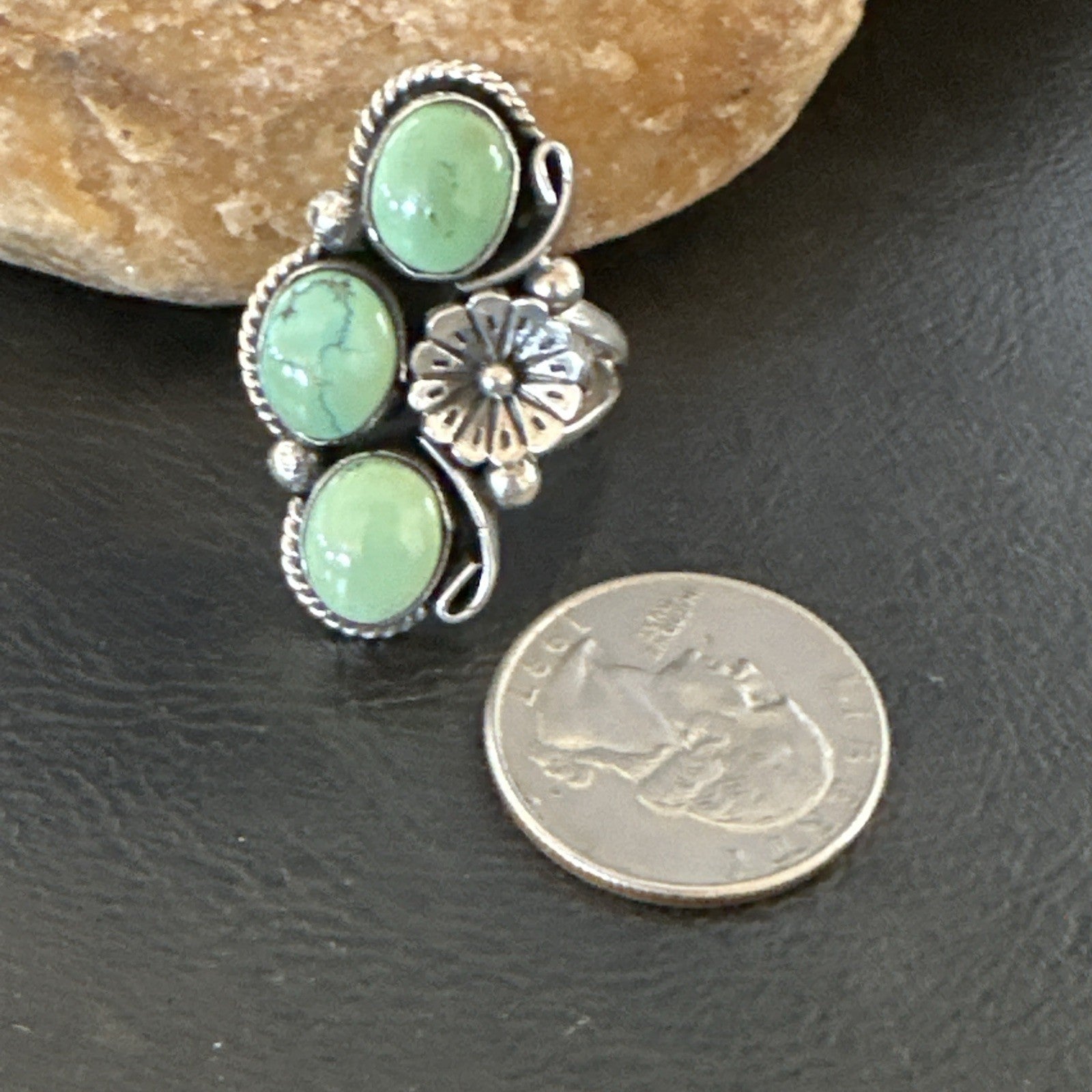 Yazzie Ring Green Turquoise Navajo Sterling Silver Cluster Size 9 19216