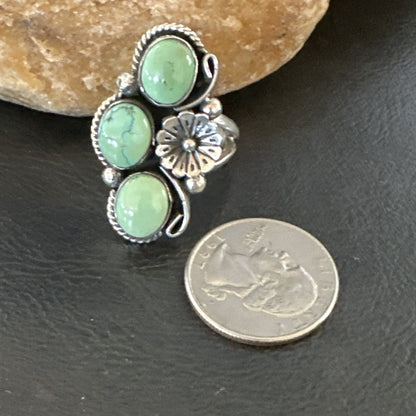 Yazzie Ring Green Turquoise Navajo Sterling Silver Cluster Size 9 19216
