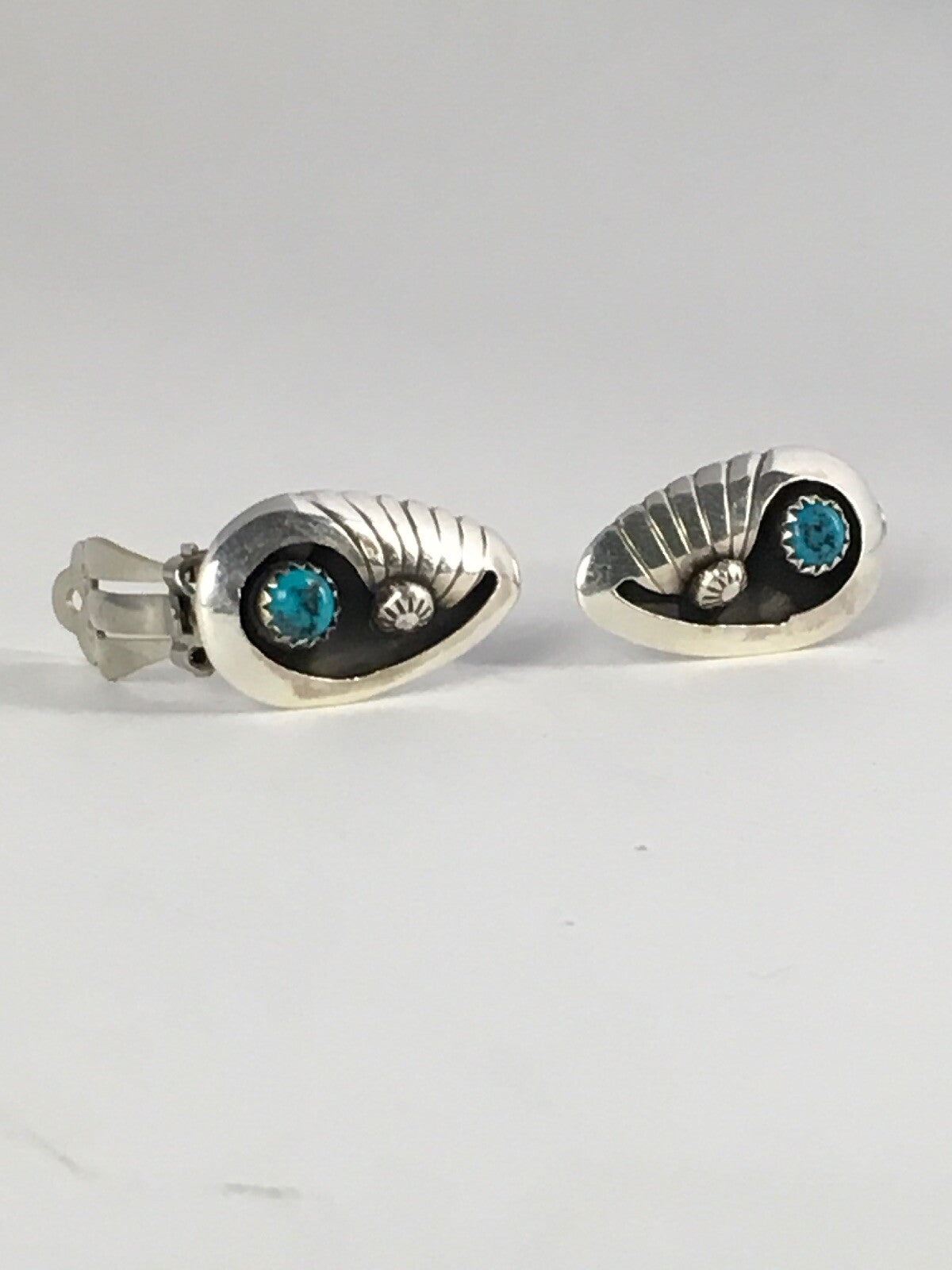 Blue Turquoise Clip-on Navajo Sterling Silver Old Pawn Earrings Set 08864