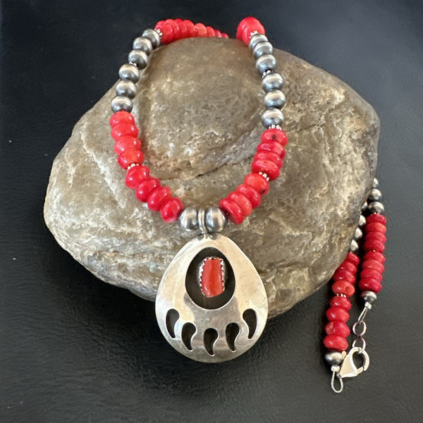 Red Coral BearPaw Inlay Pendant Navajo Pearls Necklace 21" | Sterling Silver | Authentic Native American Handmade | 18058