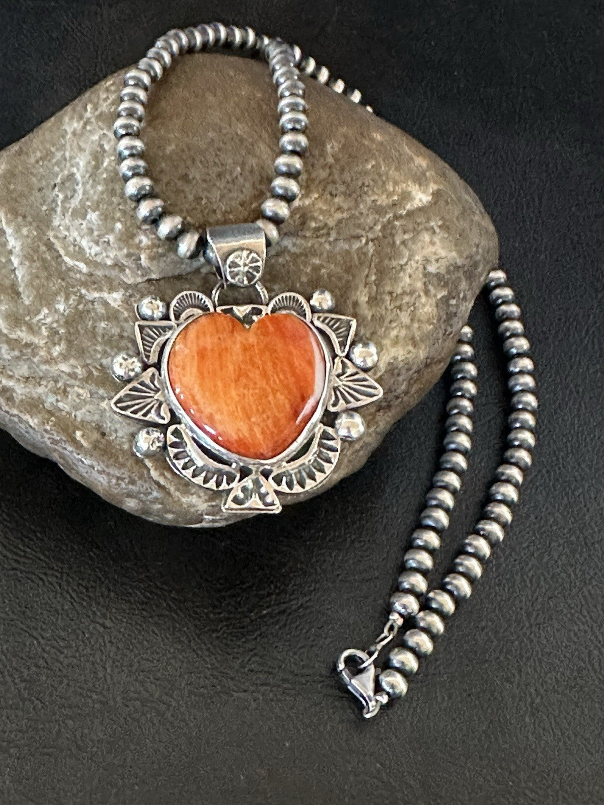 H Joe Orange Spiny Oyster Heart Pendant Navajo Sterling Silver Necklace 19485