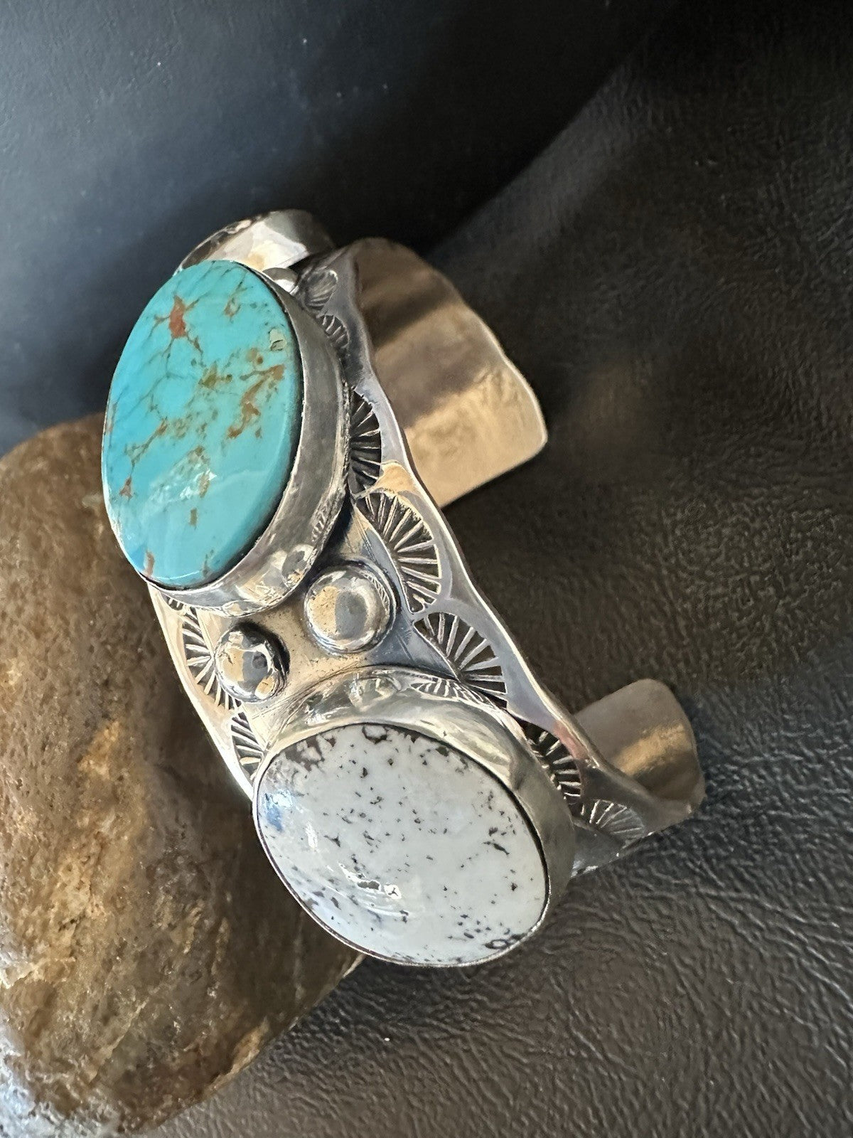 Men White Buffalo Blue Turquoise Navajo Sterling Silver Cuff Bracelet 7.3" 19429