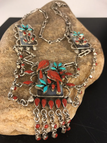 Turquoise & Coral Pendant Zuni Sterling Silver Museum Collectible Necklace 03029