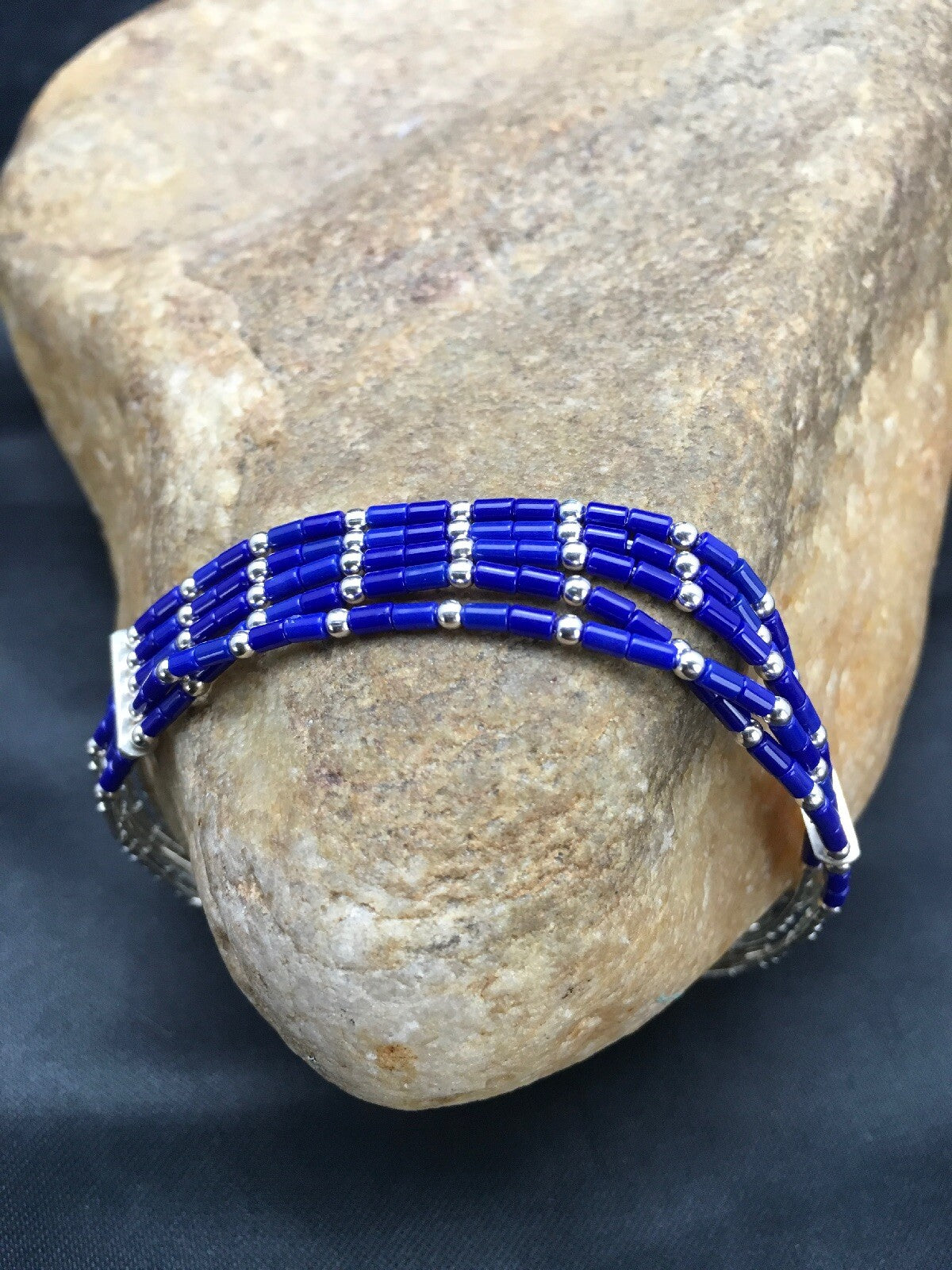 Lapis Lazuli Stabilized Heishi 5 Strand Liquid Sterling Silver Bracelet 8" 02174