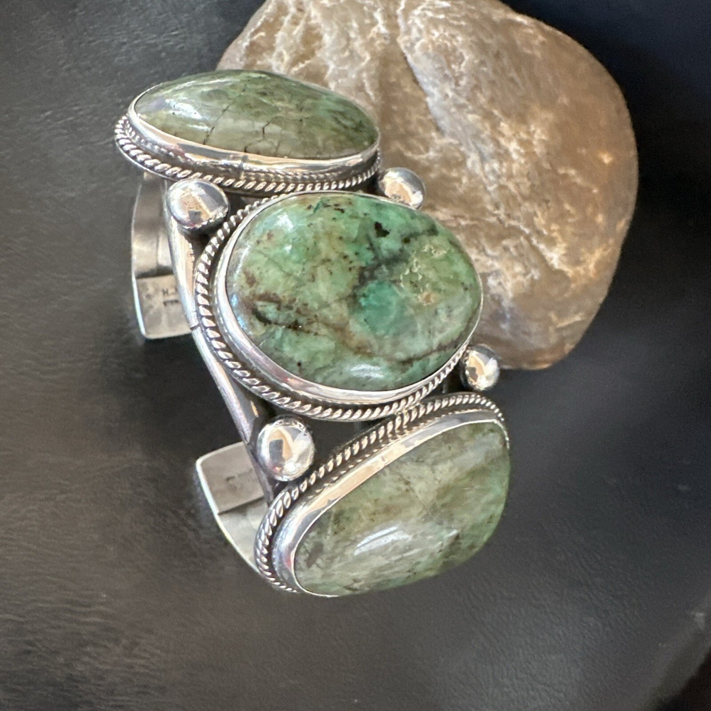 Navajo Green Royston TURQUOISE Stamped Sterling Silver Cuff Bracelet 8.5" 18718