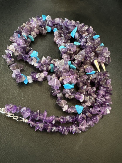 Sterling NAVAJO Purple Amethyst Blue Turquoise 3S Silver Necklace 30” 19569