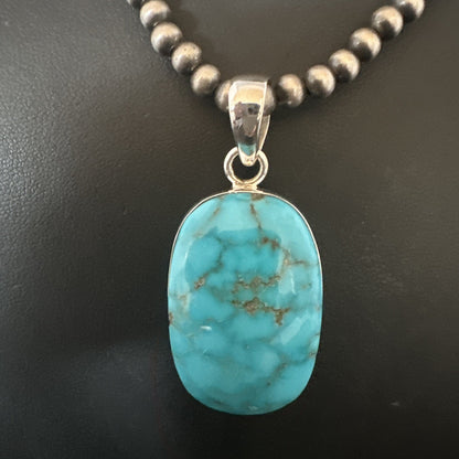 Blue Kingman Turquoise Pendant Navajo Pearls Sterling Silver Necklace 20” 16691