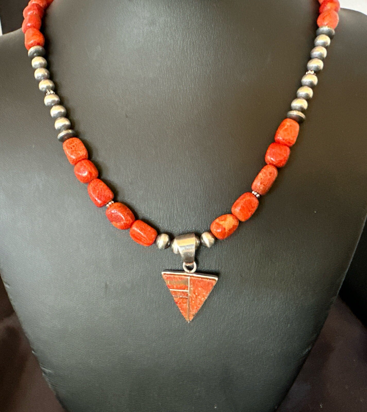 Navajo Apple Sponge Coral Sterling Silver Necklace Inlay Pendant 21” 18684