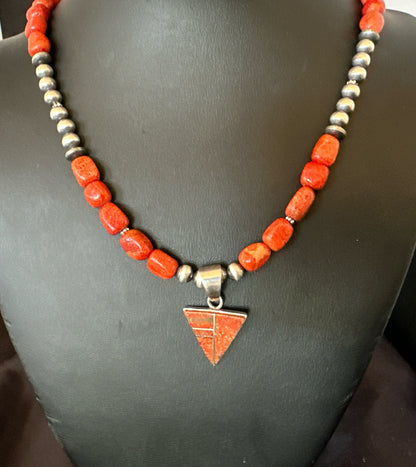 Navajo Apple Sponge Coral Sterling Silver Necklace Inlay Pendant 21” 18684