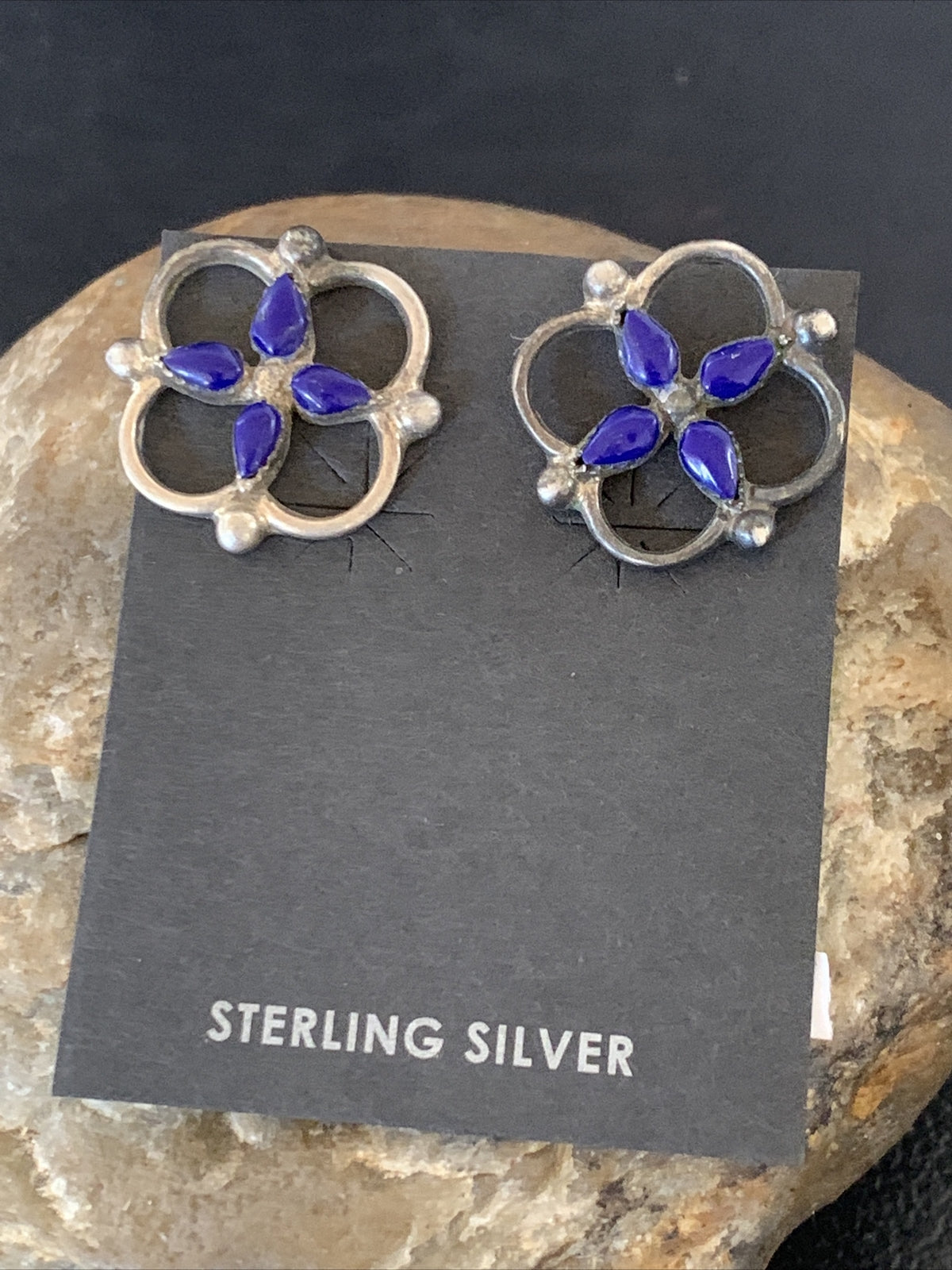 Blue Lapis Sterling Silver Multi-Stone Post Stud Inlay Earrings 0.5" 12707