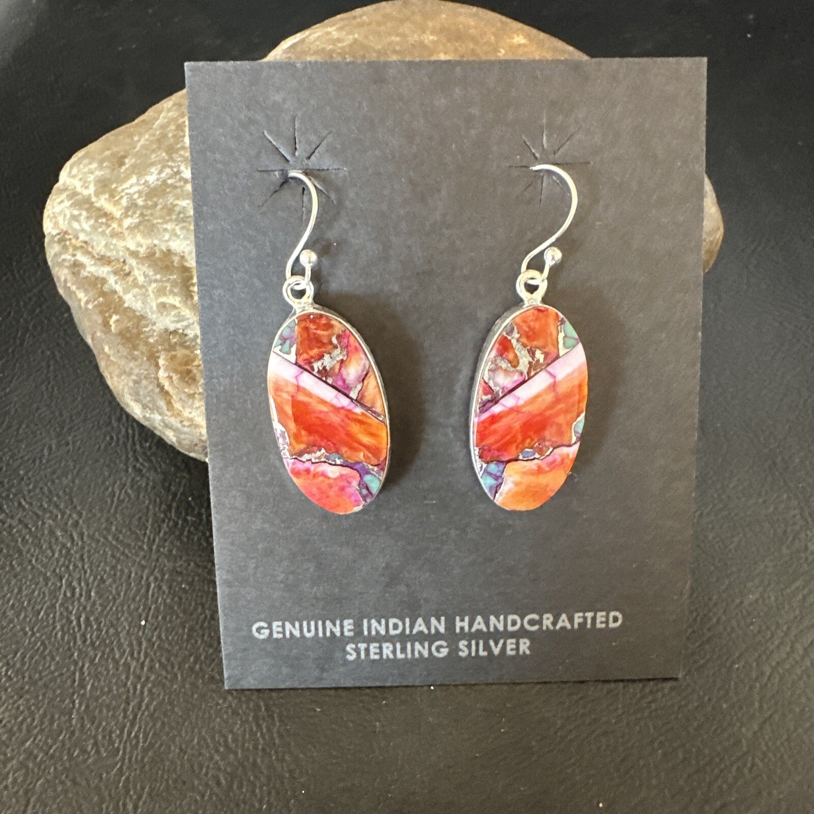 Blue Turquoise Red Spiny Oyster Inlay Sterling Silver Dangle Earrings 15558