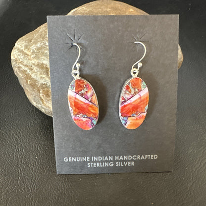 Blue Turquoise Red Spiny Oyster Inlay Sterling Silver Dangle Earrings 15558