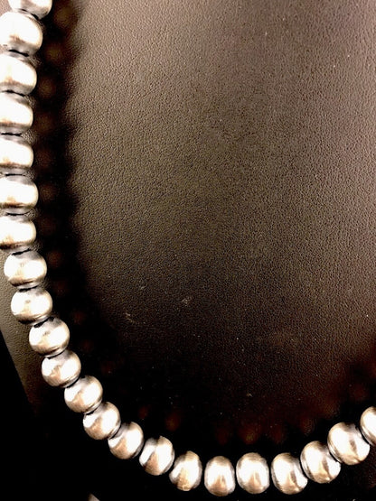 Native American 12mm Sterling Silver Navajo Pearls 22" Hook & Eye Cone Necklace