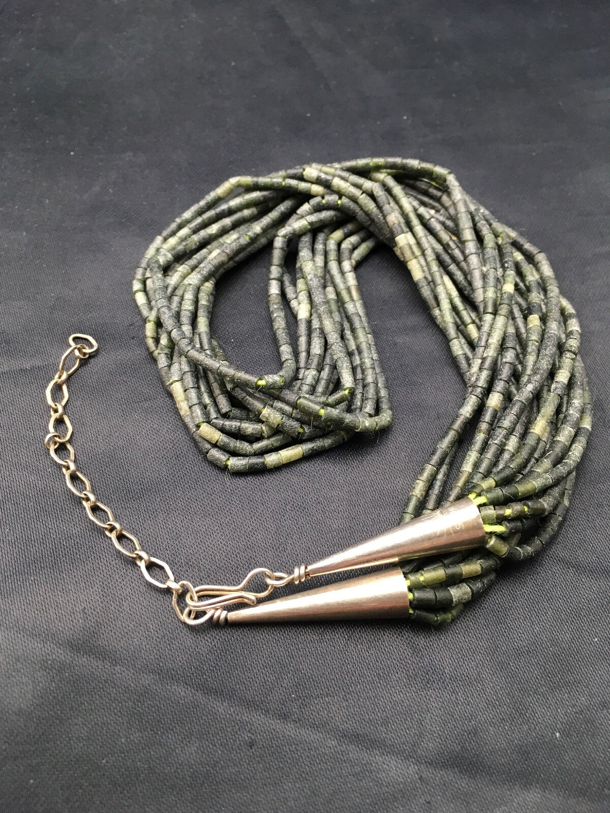 Southwestern Green Agate Heishi 10 Strand Sterling Silver Necklace 16" 04351