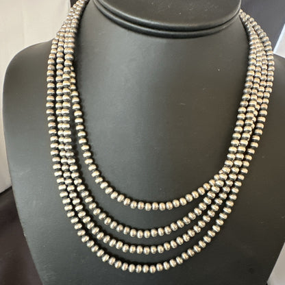 4mm Sterling Silver 4 Strand Bib 16-19”Navajo Pearls Cone Necklace 19397