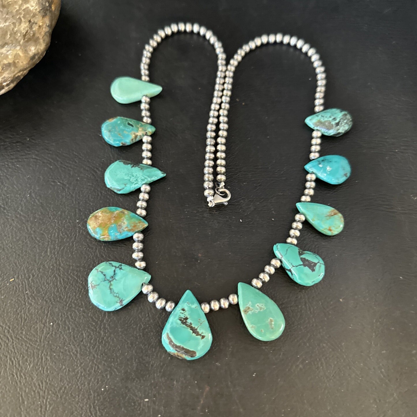 Blue Turquoise Teardrop Navajo Pearls Sterling Silver Necklace 14391