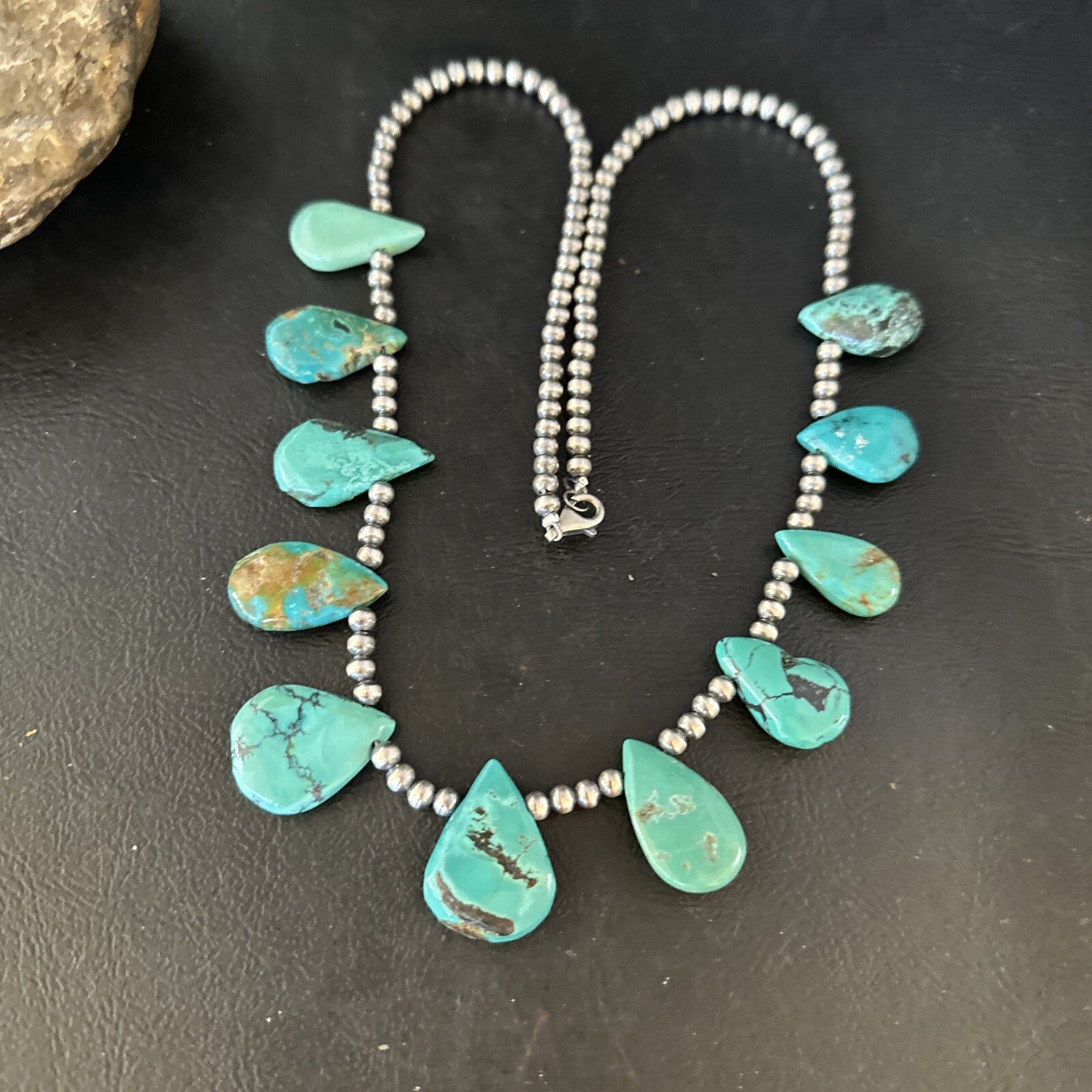 Blue Turquoise Teardrop Navajo Pearls Sterling Silver Necklace 14391