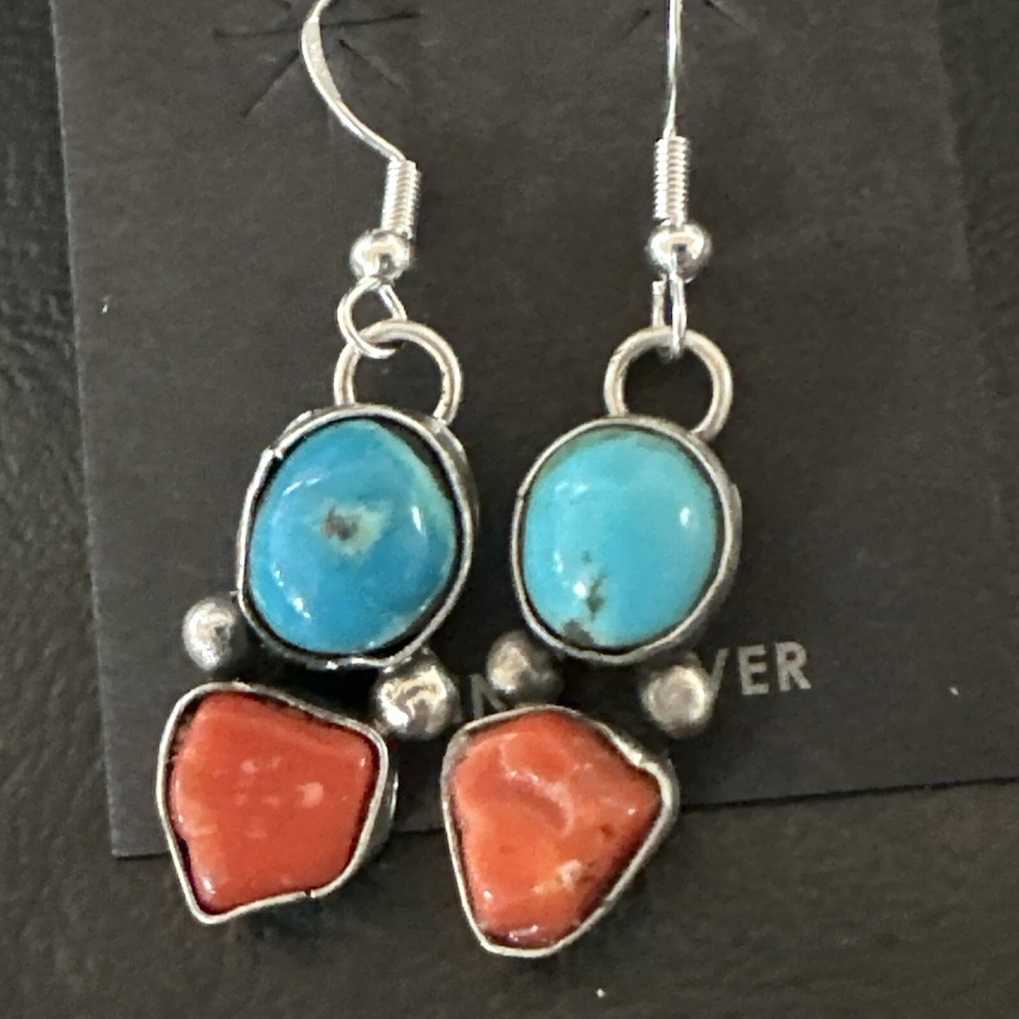Blue Turquoise Red Coral Sterling Silver Navajo Dangle Earrings 18843