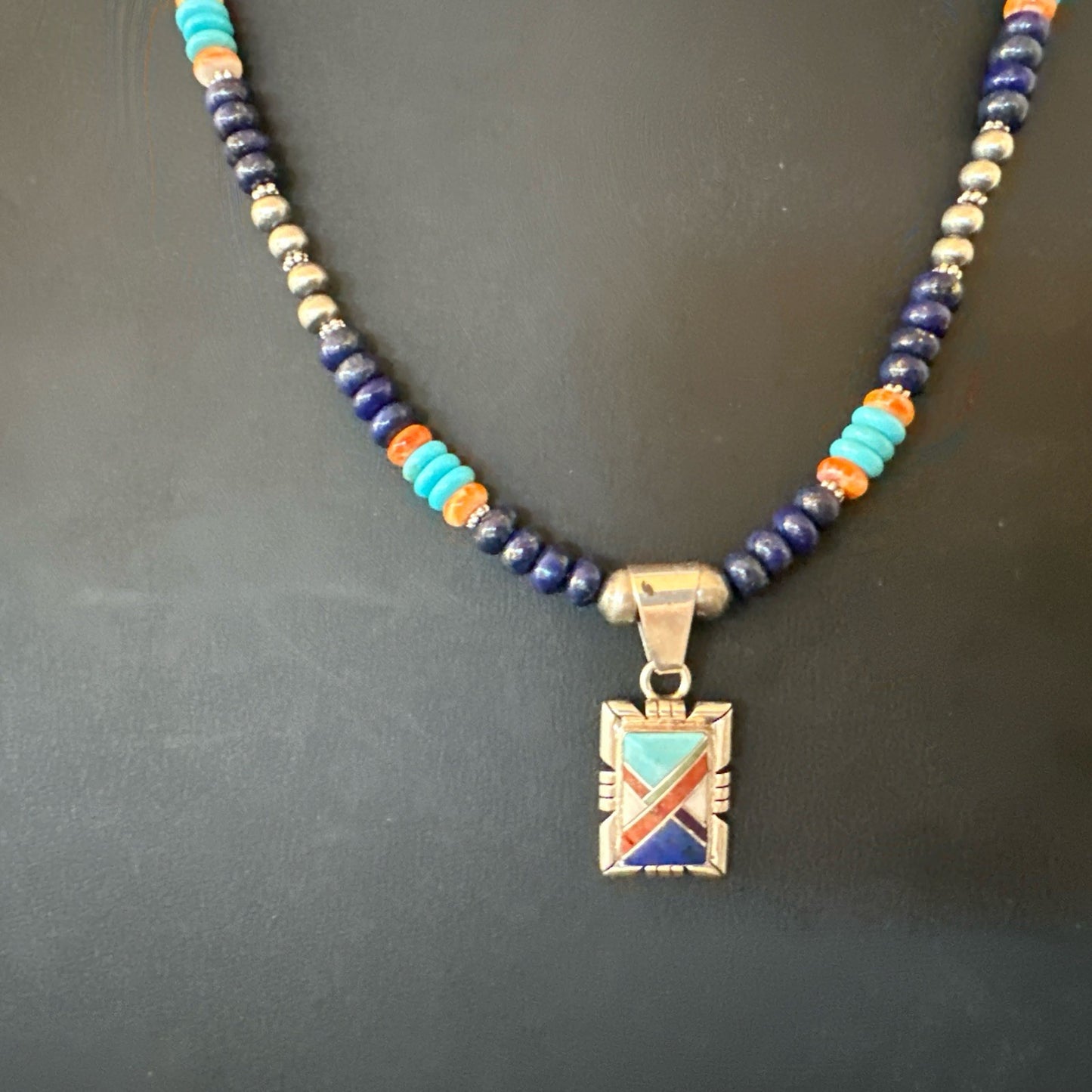 Multicolor Turquoise Coral Navajo Sterling Silver Inlay Pendant Necklace 19651