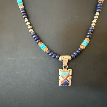 Multicolor Turquoise Coral Navajo Sterling Silver Inlay Pendant Necklace 19651
