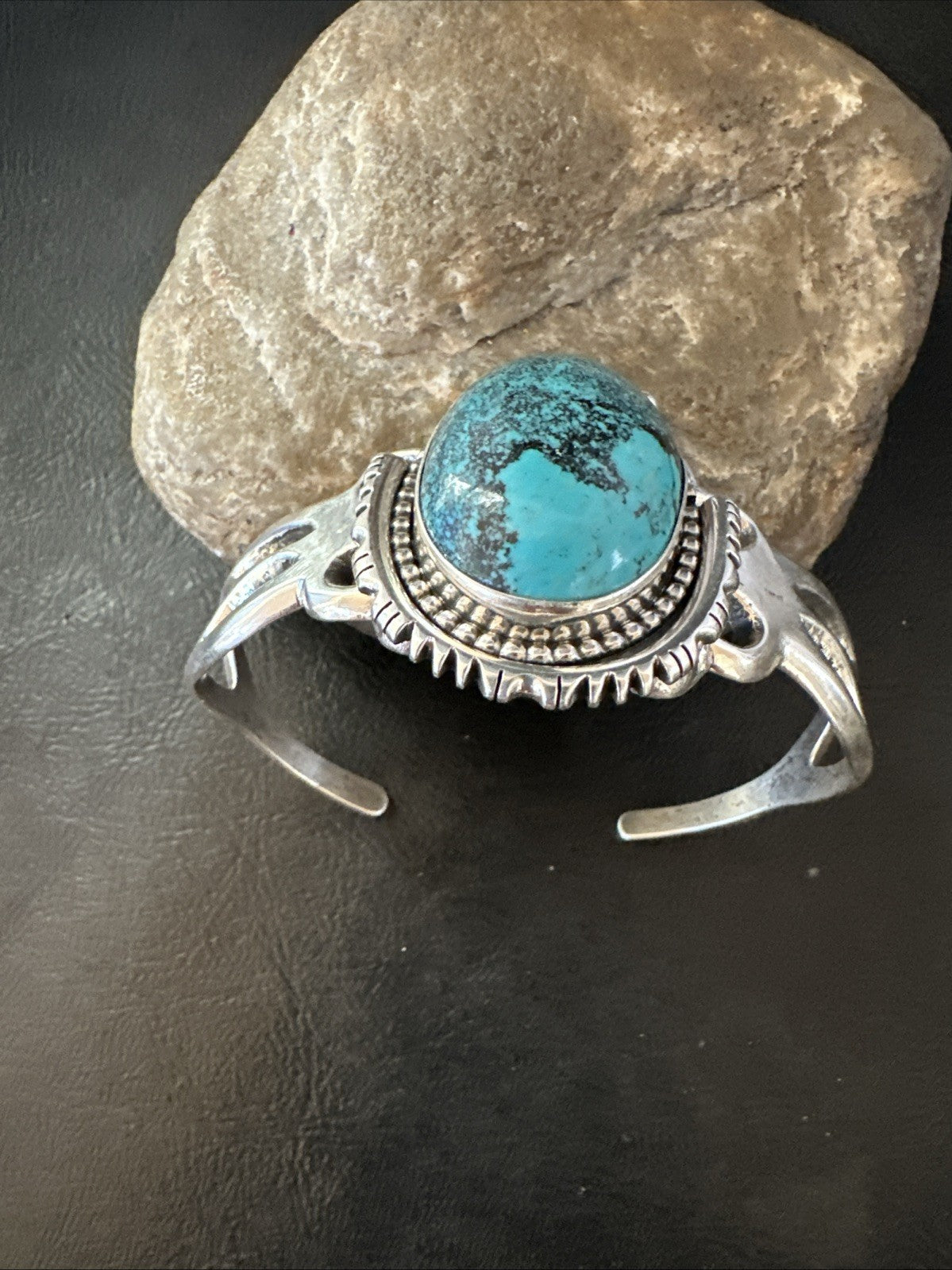 Yazzie Mens Blue Turquoise Navajo Sterling Silver Tufa Cast Cuff Bracelet 19693