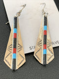 Turquoise Coral Inlay Navajo Earrings 1.5" | Sterling Silver | Authentic Native American Handmade | 01710