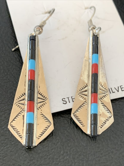 Turquoise & Coral Inlay Navajo Sterling Silver Earrings 1.5" 01710
