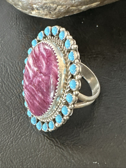 Cluster Kingman Turquoise Purple Spiny Navajo Sterling Silver Ring Sz 10 19104