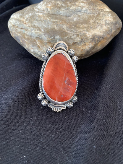 Womens Navajo Sterling Silver Red Spiny Oyster Ring S8.5 10204