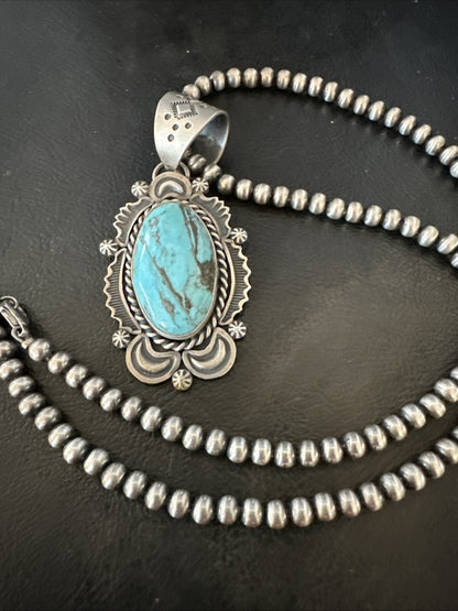 Mens Womens Blue Turquoise Pendant Sterling Silver Beads Sterling Necklace 18649
