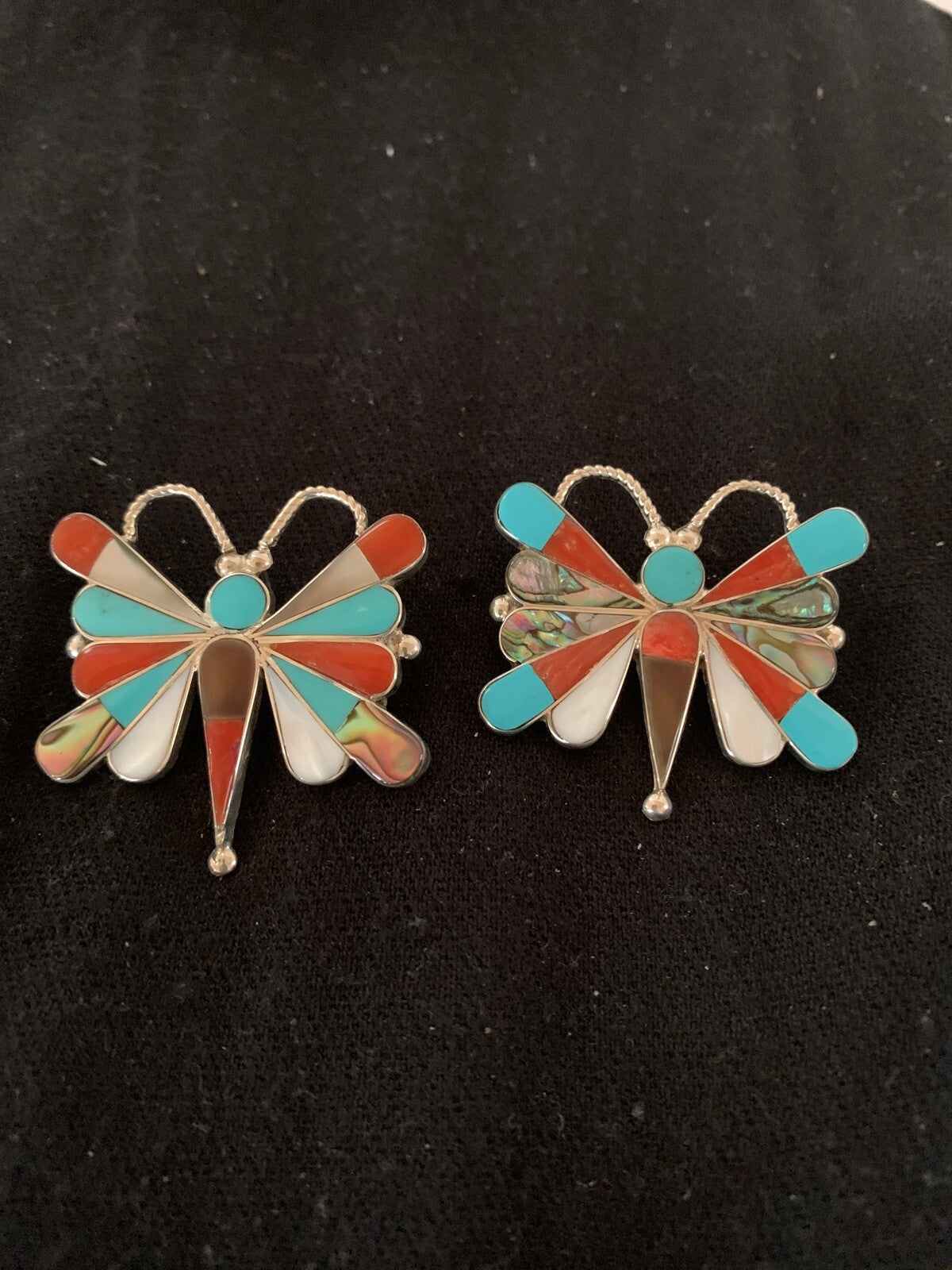 Turquoise & Mother Of Pearls Butterfly Zuni Sterling Silver Pin Pendant 04695