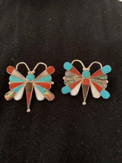 Turquoise & Mother Of Pearls Butterfly Zuni Sterling Silver Pin Pendant 04695