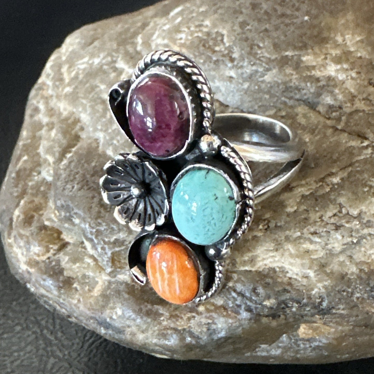 Multicolor Ring Turquoise Spiny Navajo Sterling Silver Cluster Size 7 19178