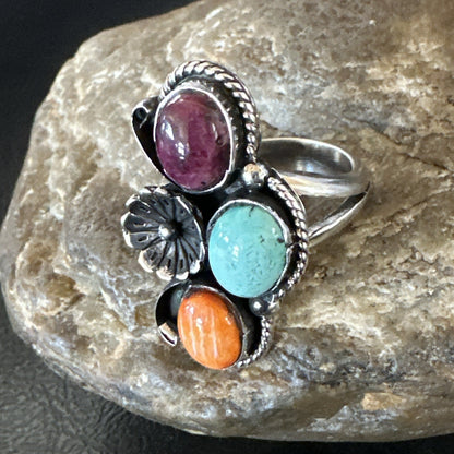 Multicolor Ring Turquoise Spiny Navajo Sterling Silver Cluster Size 7 19178