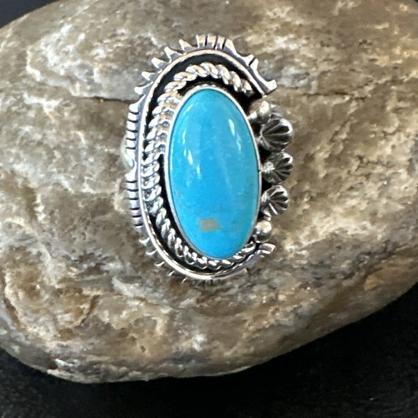 Yazzie Handmade Navajo Blue Kingman Turquoise Ring Sz 8.5 | Sterling Silver | Authentic Native American Handmade | 19627