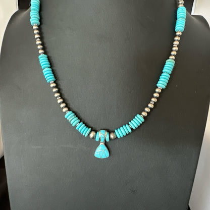 Blue Turquoise Inlay Pendant Navajo Sterling Silver Necklace 19513