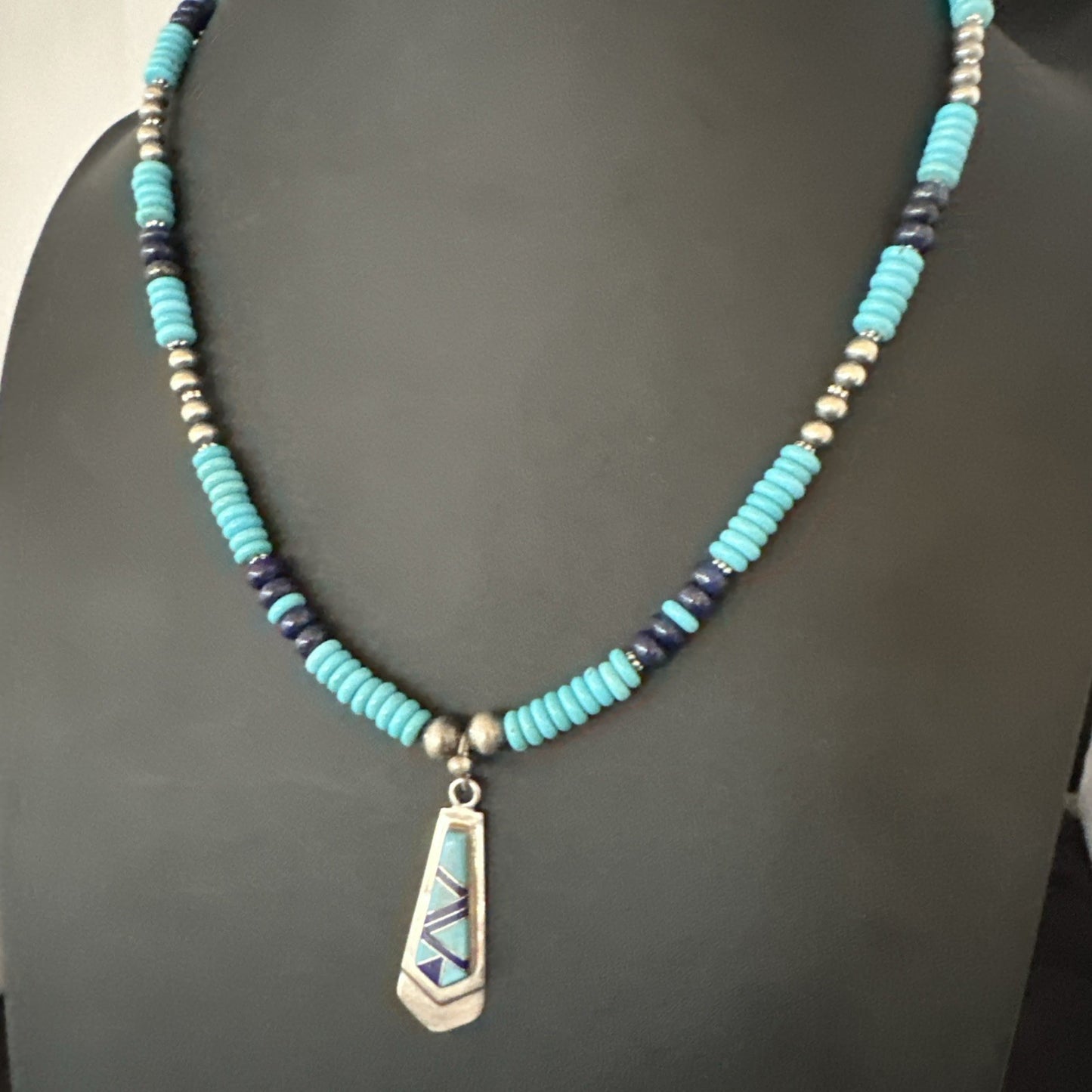 Blue Lapis Turquoise Inlay Pendant Navajo Sterling Silver Necklace 20" 19657