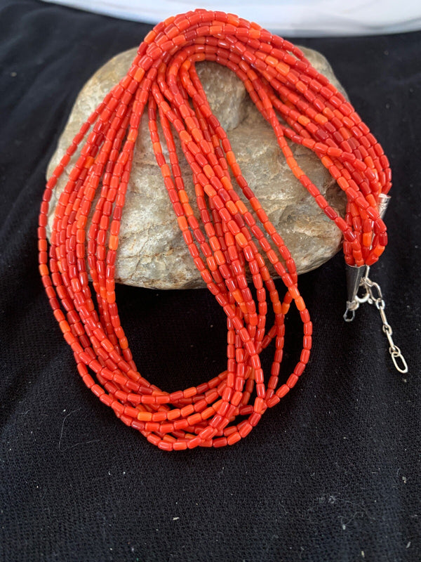 Apple Coral Tube Heishi Bead 10 Strand Navajo Necklace 17" | Sterling Silver | Authentic Native American Handmade | 4708