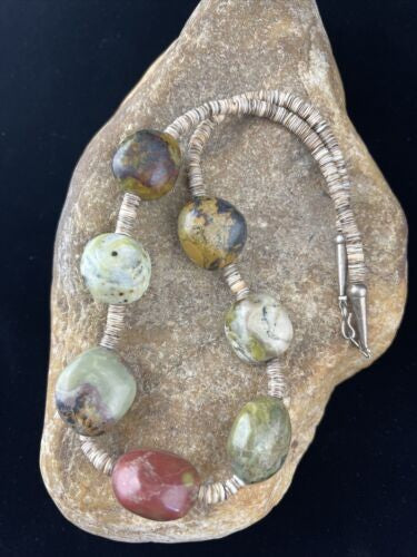 Native American Chunky Sterling Necklace Faceted Jasper Turquoise 17" 10077