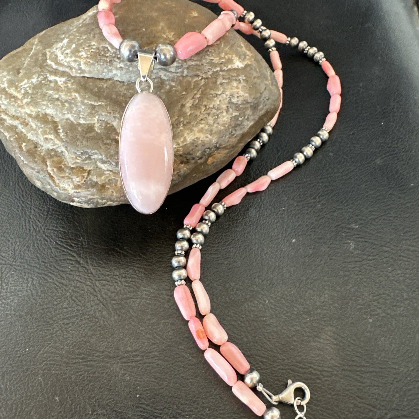 Southwestern Sterling Silver Pink Coral Bead Necklace Quartz Pendant 24" 19585