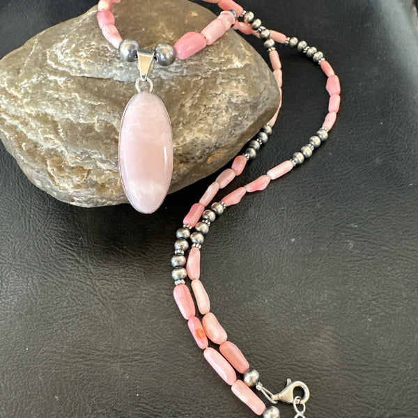 Southwestern Pink Coral Bead Necklace Quartz Pendant 24" | Sterling Silver | Authentic Native American Handmade | 19585