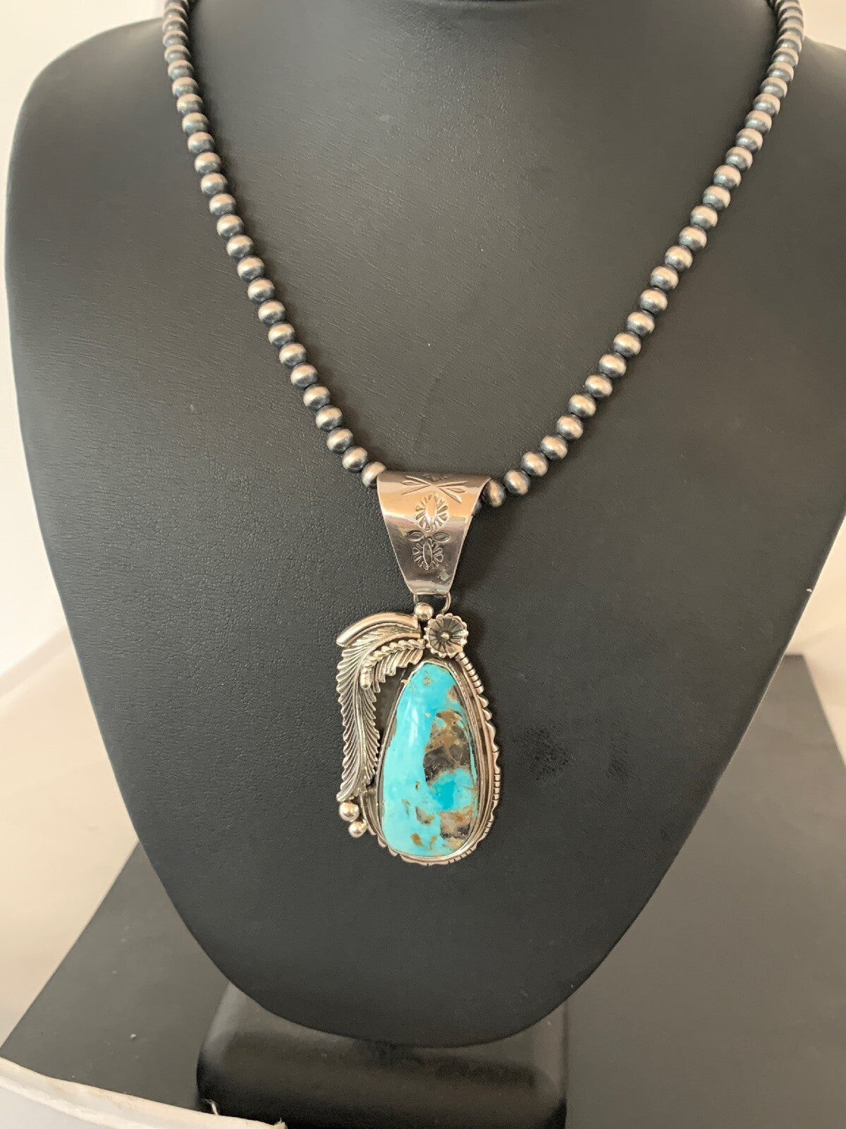 Mens Kingman Turquoise Pendant Navajo Pearls Sterling Silver Necklace 04301