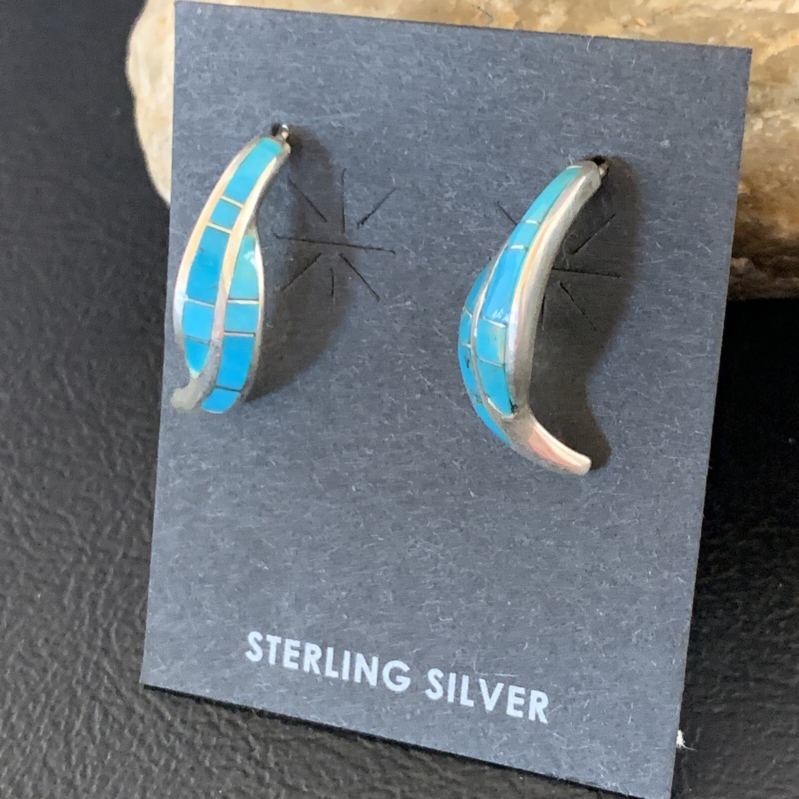 Blue Turquoise Southwestern Zuni Sterling Silver Inlay Hoop Earrings 0.75" 13022