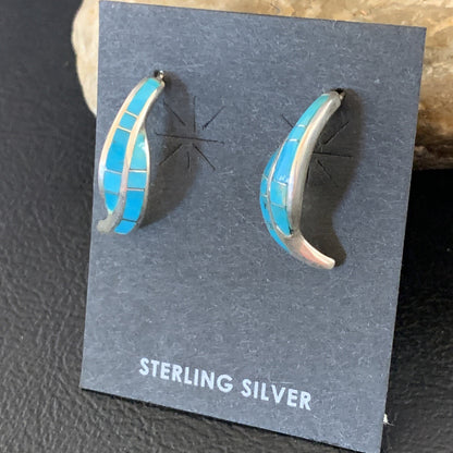 Blue Turquoise Southwestern Zuni Sterling Silver Inlay Hoop Earrings 0.75" 13022