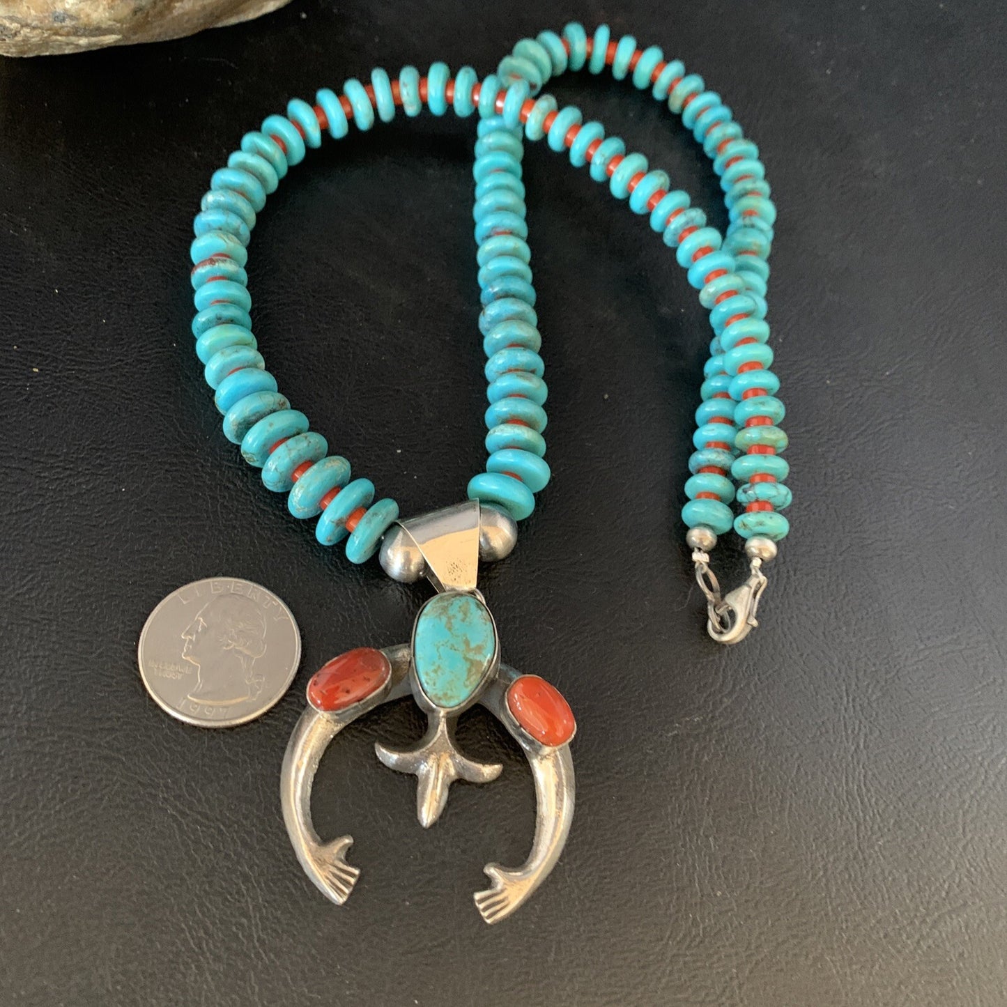 Royston Navajo Sterling Silver Blue Turquoise Coral Necklace Naja Pendant 13745