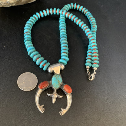 Royston Navajo Sterling Silver Blue Turquoise Coral Necklace Naja Pendant 13745