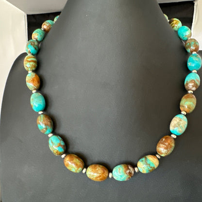 Green Blue Royston Turquoise Navajo Sterling Silver Beads Necklace 18" 19562